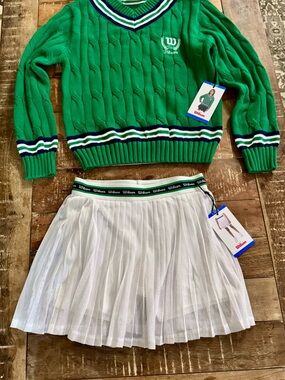 Wilson Green Cable Knit V‑Neck Sweater with White Pleated Tennis Skirt